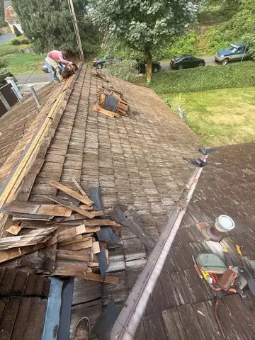 Old cedar shakes piled during tear-off